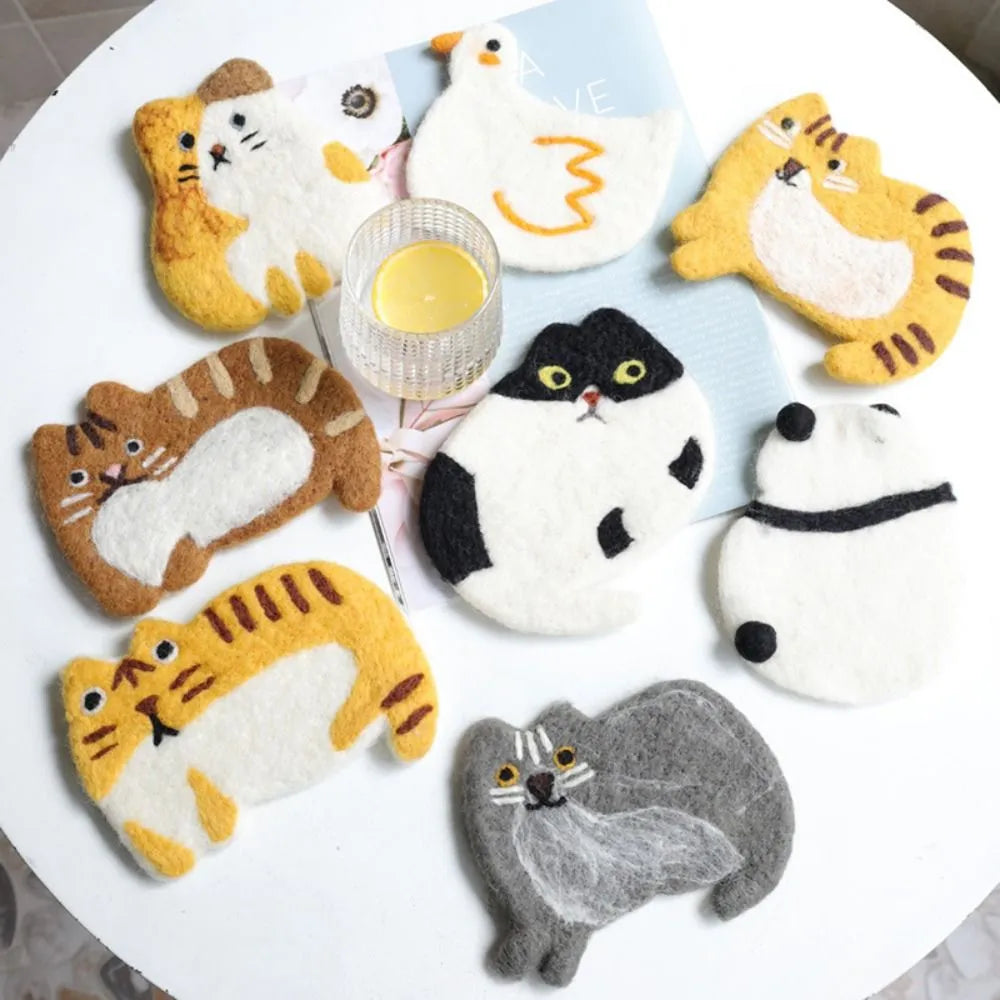 Creative Cat Coasters Felt Animal Mat Coffee Mug Cup Pad Cartoon Desktop Ornament Placemat Insulating Dining Mat Home Decoration