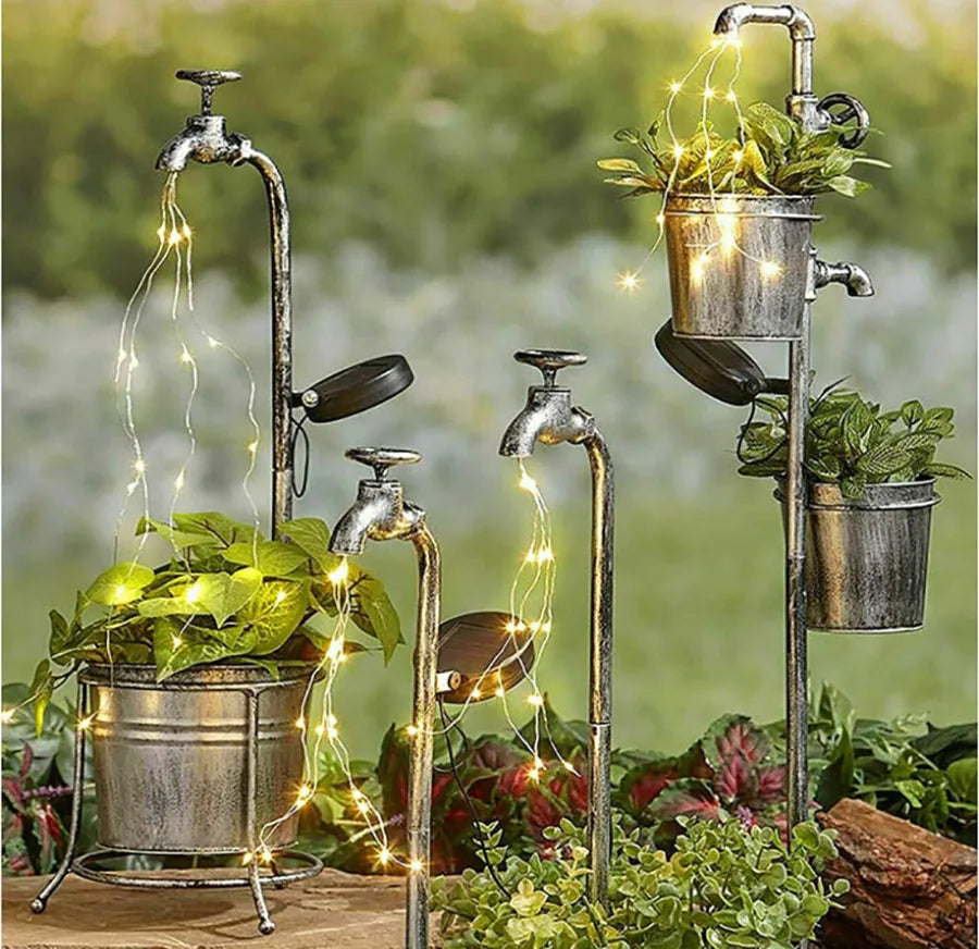 Luzes solares de torneira ao ar livre com plantador de água impermeável pode luminar solar decoração de jardim de fada de fada lâmpada de lâmpada
