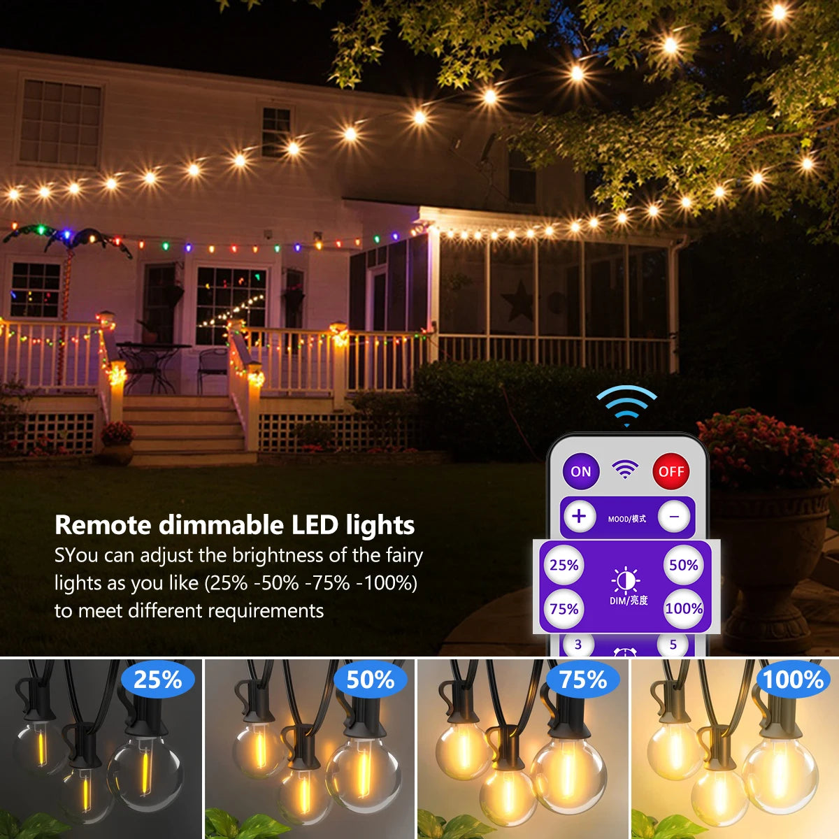 G40 Solar String Outdoor USB Patio LEDS, 8 modes lumineux, bulbes étanches, Terrace Garden Pub de Noël Party Decor