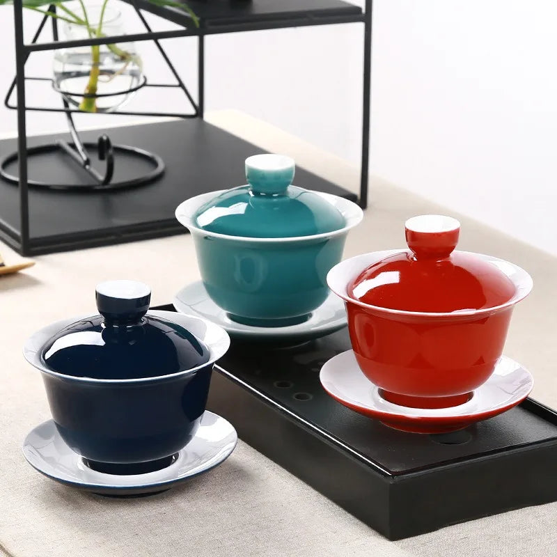 Glaze Indigo Ceramic Tureen Cup azul Gaiwán Té Pot de porcelana Viaje Kettle Pintorado a mano Tazón de té de cubierta roja de té de 180 ml