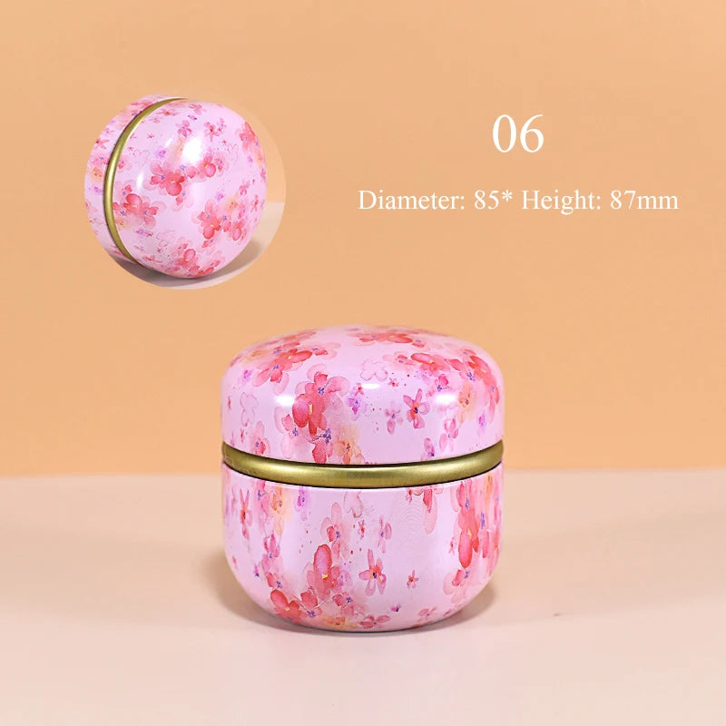 차 캐디 틴 플레이트 가정 밀봉 차 포장 상자 휴대용 일본 스타일의 꽃 차 라운드 작은 주석 용기
