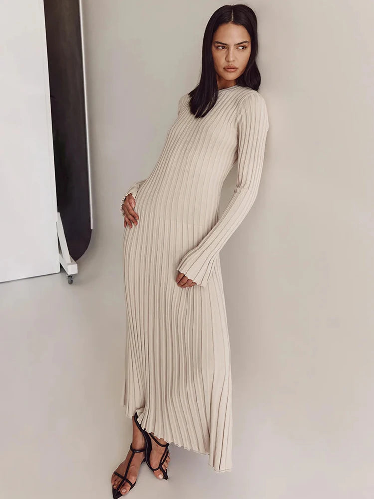 Tossy Lace-Up Female Knit Maxi Dress Autumn High Waist Fashion Patchwork Long Sleeve Loose Solid Dress Bandage Knitwear Dress