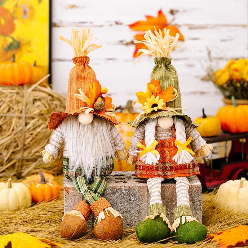 Dekorasi Thanksgiving Musim Panen Maple Daun Topi Jerami Rudolf Gantung Kaki Boneka Goblin Dwarf Doll
