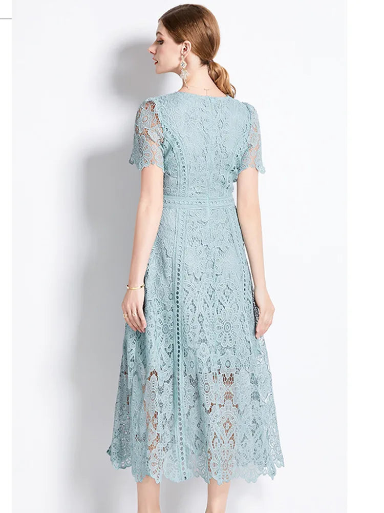 SMTHMA Vintage High-End O-Neck Short Sleeve Lace Hollow Out Dress For Women's Summer Slim Elegant Long Dress Female Clothing