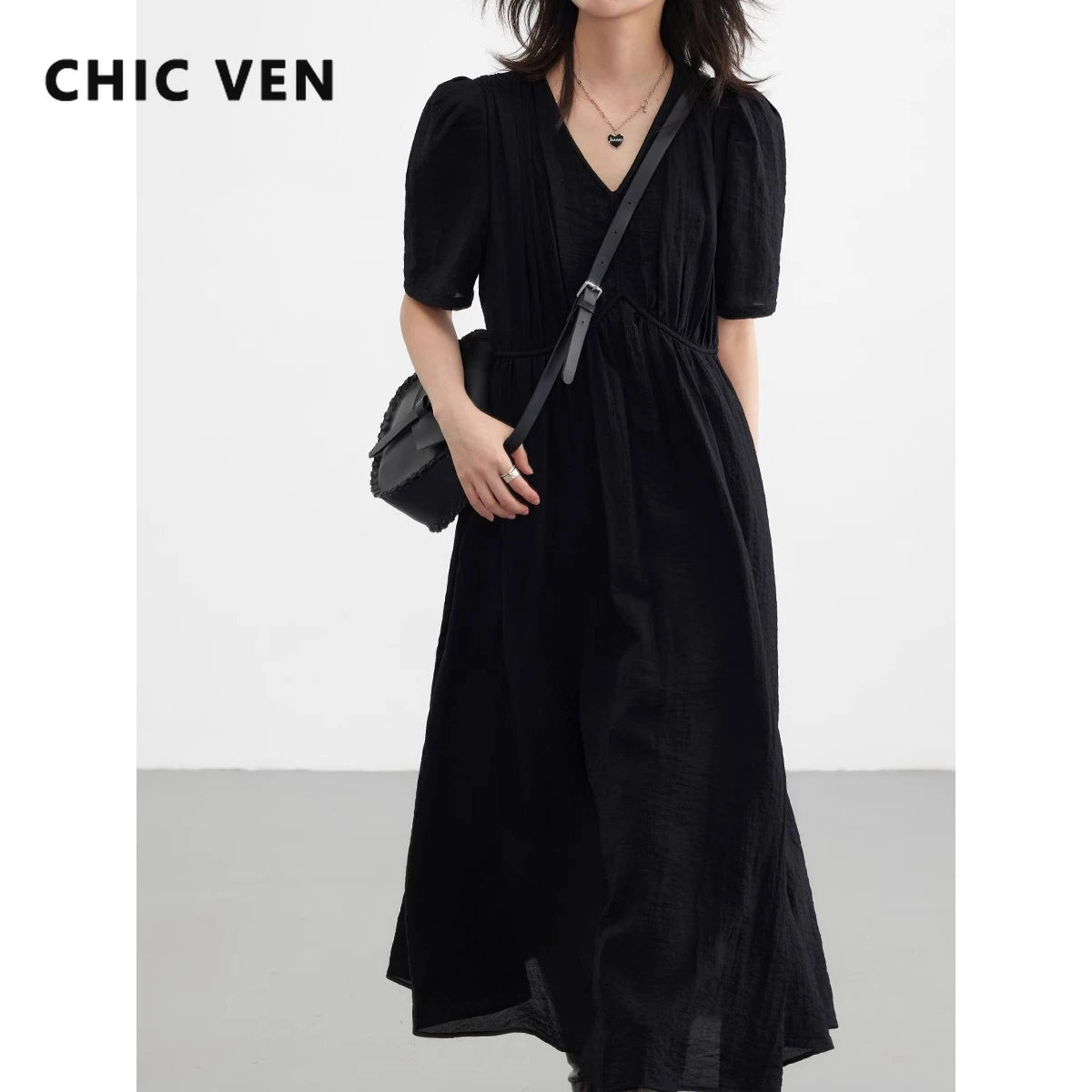 CHIC VEN Women Dresses French Style Vintage V-neck Puff Sleeve Long Dress Solid Black Loose Female Clothing Summer New 2023