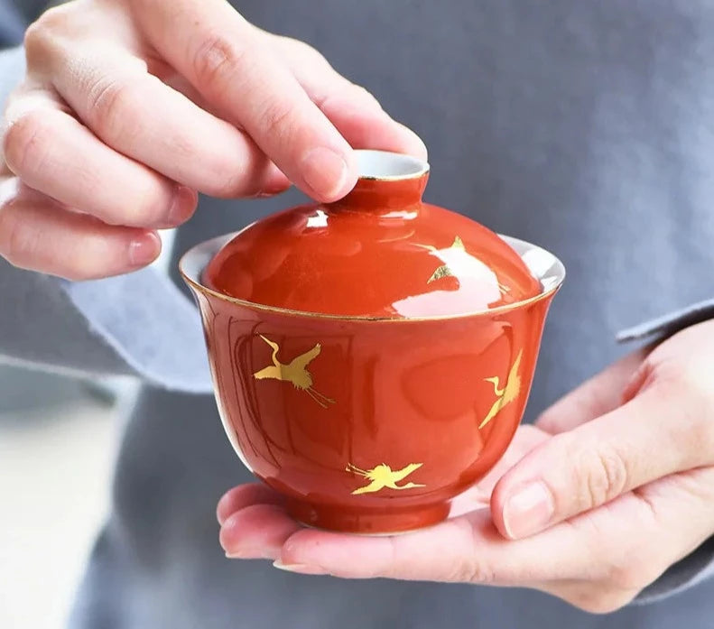 120ml Retro Persimmon Red Gaiwan Handmade Crane Tea Lid Set Tea Tureen Household Tea Maker Cover Bowl for Tea Accessories Craft