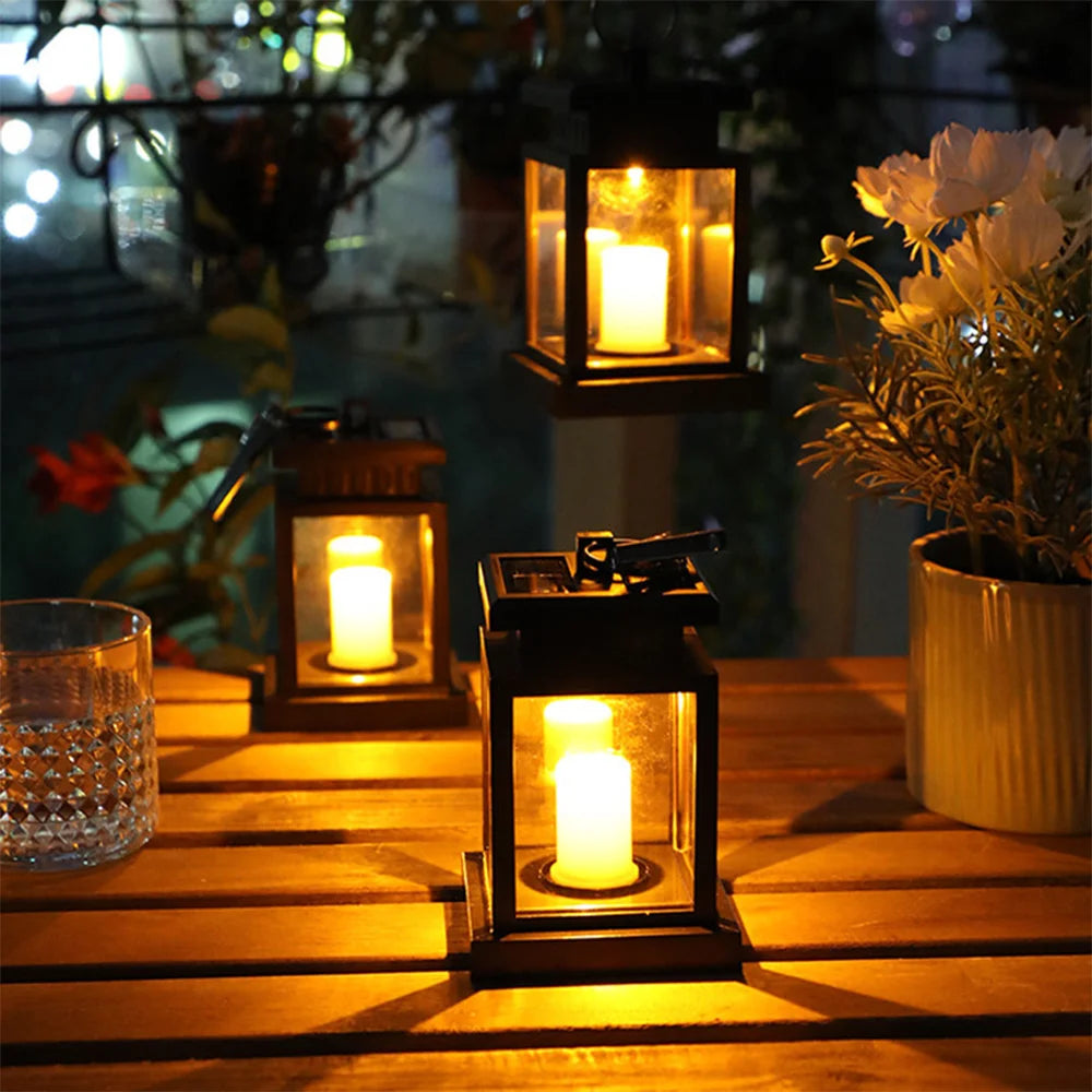LED 레트로 깜박 거리는 매달려 랜턴 촛불 밝은 통로 장식 야외 궁전 조명 태양 광 램프 방수 마당 정원