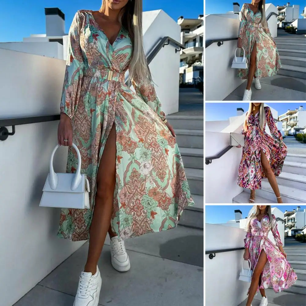 Sexy V Neck Slit Midi Dress Woman Spring Summer Fashion Elegant Long Sleeve Lace Up Flower Floral Print Dresses For Women 2023