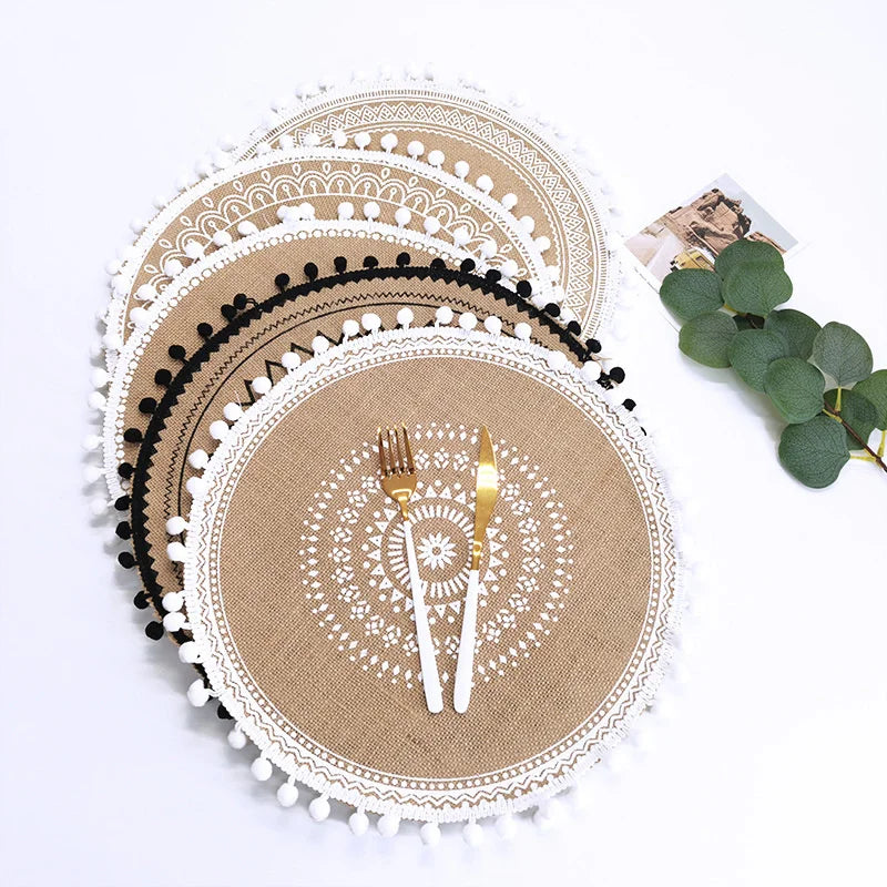 Katoenlinnen borduurpad Dish Coffee Cup Tafelmat Rond 38 cm Noordse stijl Niet-slip keuken Placemat Coaster Home Decor 51001