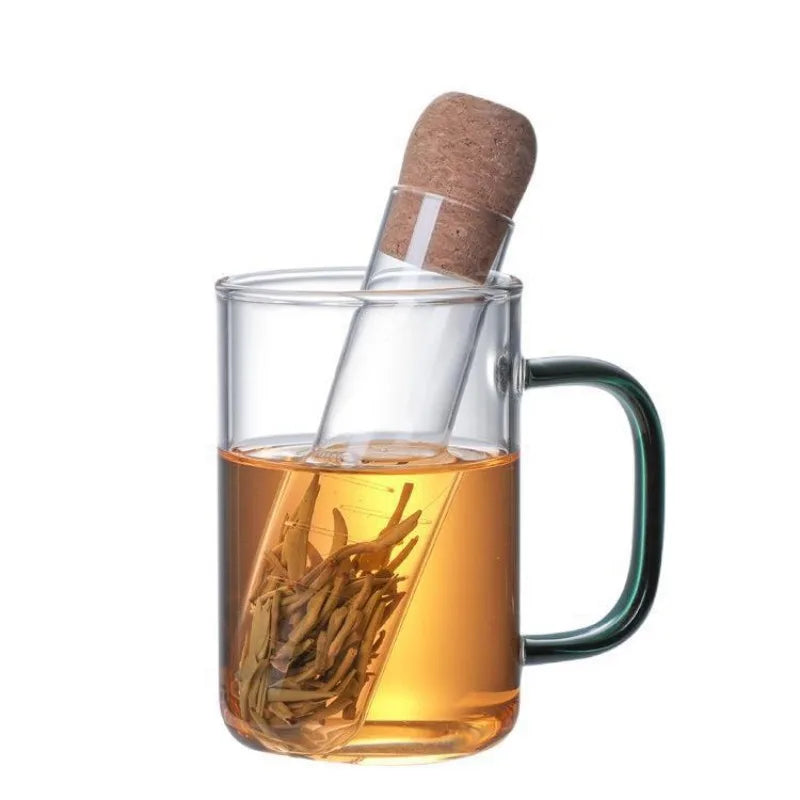 Creative Glass Tea Infuser Pipe Glass Design Tea Filtro para caneca Filty Filting for Puer Tea Herb Tea Tools com rolhas de cortiça
