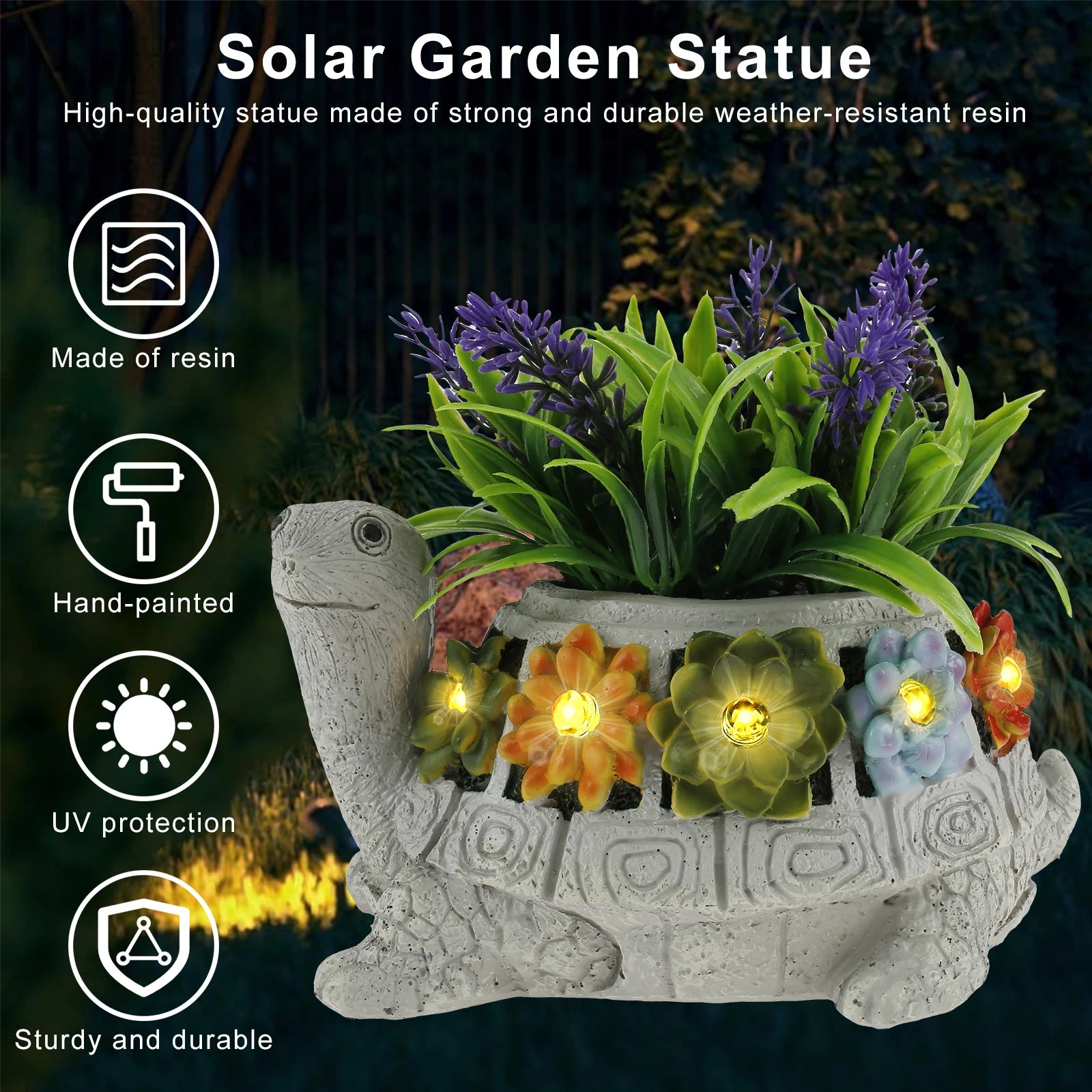 LED 거북이 조각상 정원 야외 입상 화려한 즙이 많은 귀여운 동물 수지 태양 조각 장식 공예품 창작