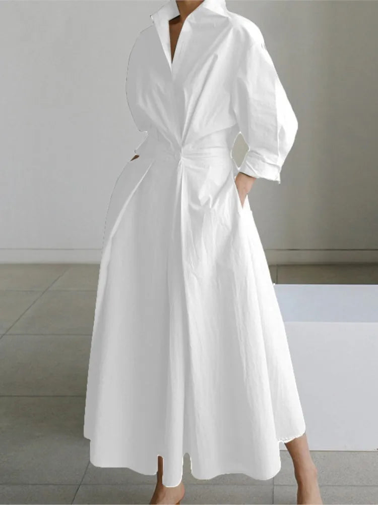 Autumn Dress Long Sleeve Dot Print Elegant Maxi Dresses For Women 2024 White Casual V Neck Shirt Party Long Dress Robe Femme