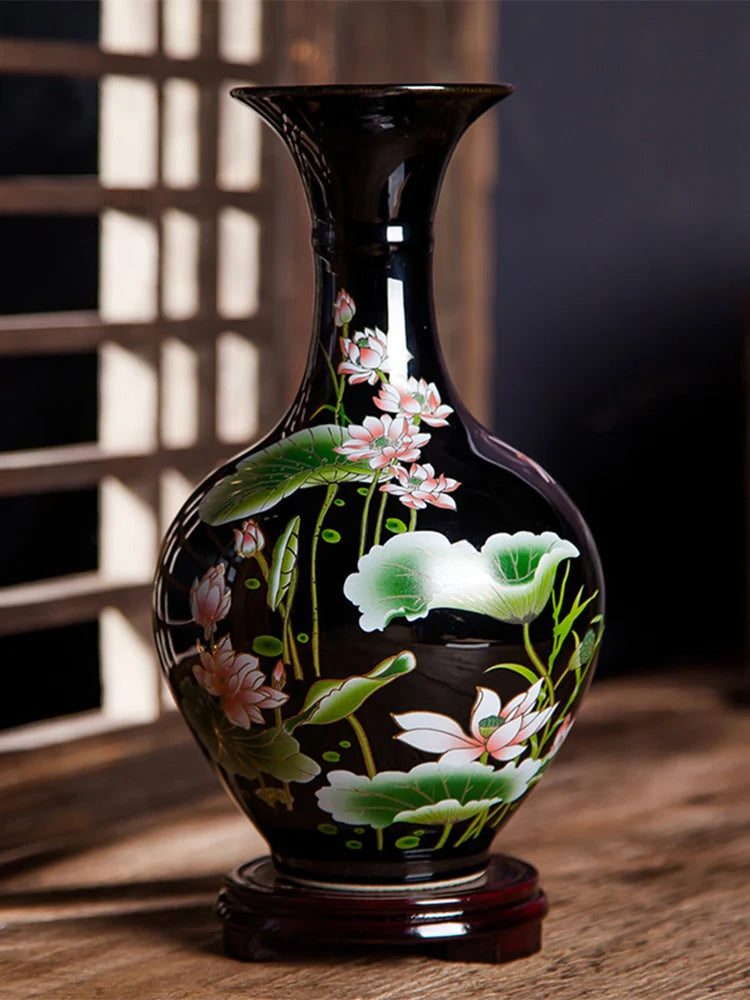 Jingdezhen terävästi lasite mustalla keraamisella maljakko -lootuskuviolla modernille kodin olohuoneelle koristeelle