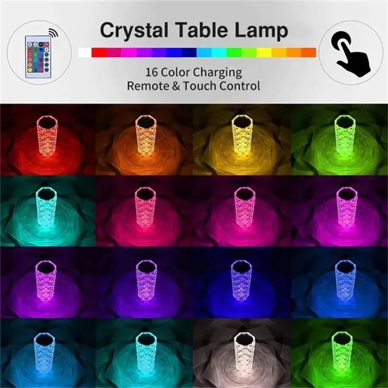 3/16 색상 크리스탈 로즈 테이블 램프 LED 장미 빛 장식 원격 제어 로맨틱 다이아몬드 분위기 라이트 USB 야간 조명
