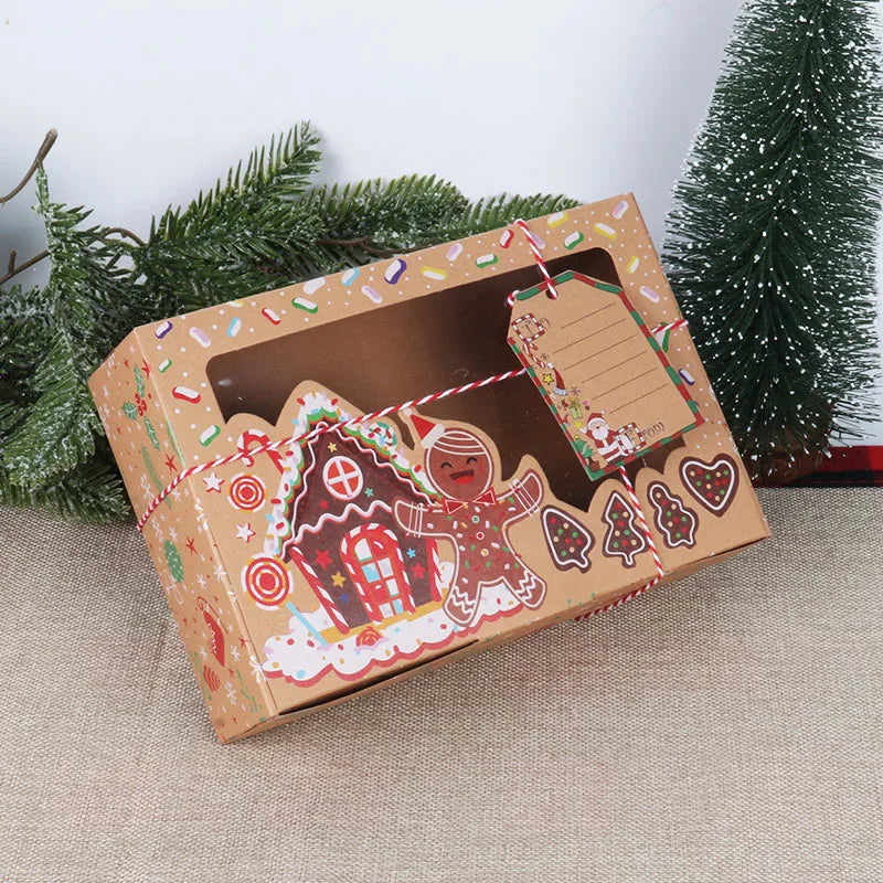 Kotak kue gula -gula Krismas Kraft Paper Hadiah Kotak Makanan Bakery Rawat Kotak Dengan Window Clear Navidad Hiasan Xmas Gift Bag Noel