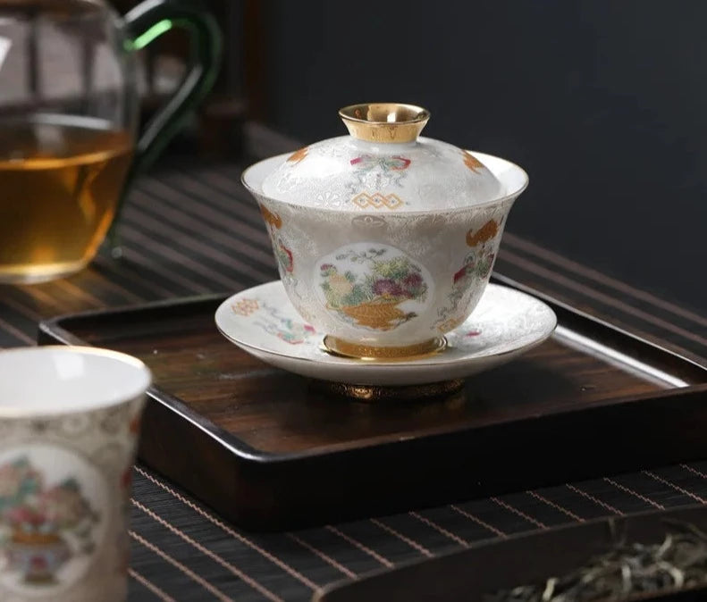 Handgemaakte Goldpalace Email Gekleurde Gaiwan Esthetic Ceramic Bowl met dekselthee Tureen Tea Maker Cover Bowl Teaset Collection