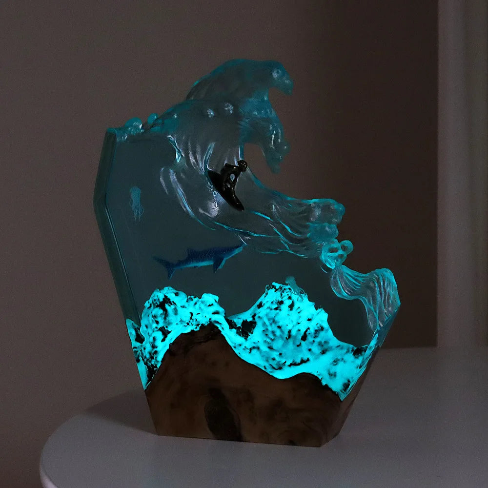 Ornamen desktop selancar paus laut kreatif pemegang lampu seni kreatif resin kayu solid hadiah ulang tahun ringan