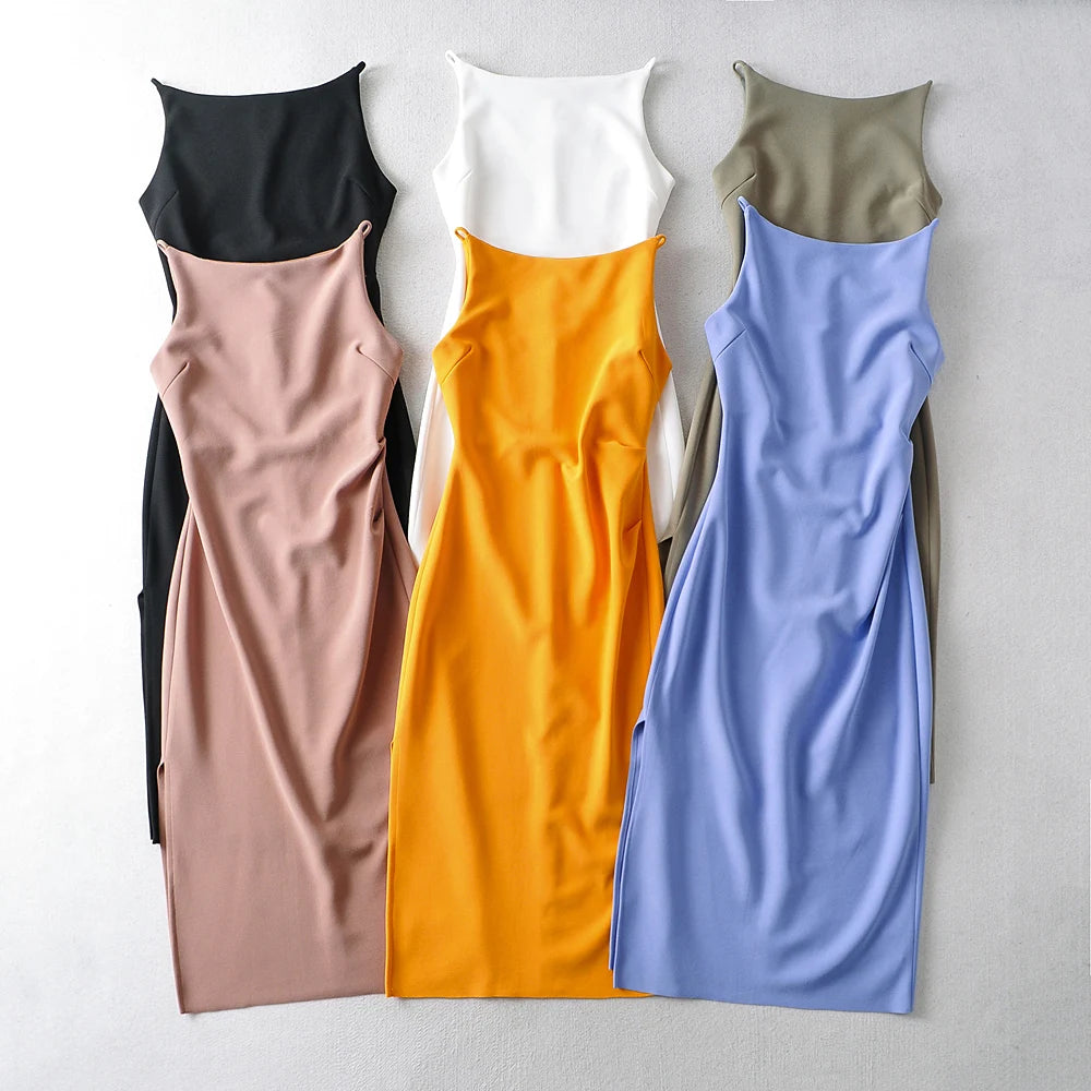 Tangada Fashion Women Slash Neck Elegant Dress Sleeveless Office Ladies Midi Dress 2B53