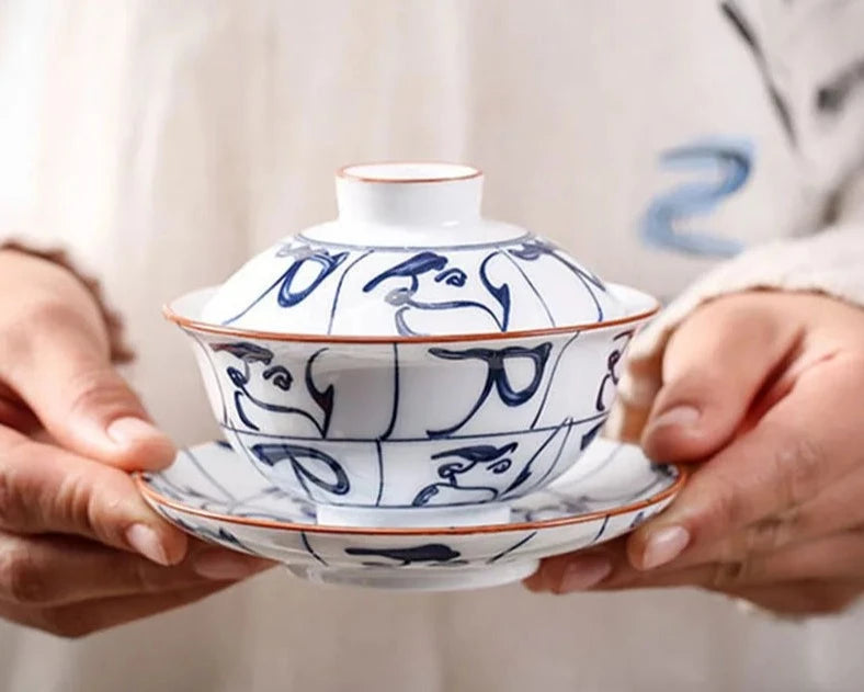 Tazón creativo de té azul y blanco de 190 ml Cerámica grande Gaiwán Kung Fu Té Copa de té porcelana blanca Tres talentos té treenen