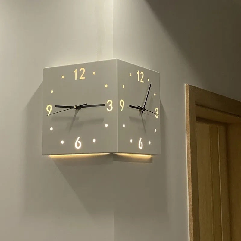 Creative Light Sensor Corner Wall Clock Square Simple Double Sided Wall Clock with Arabic Numeral Scale Analog Silent Wall Clock