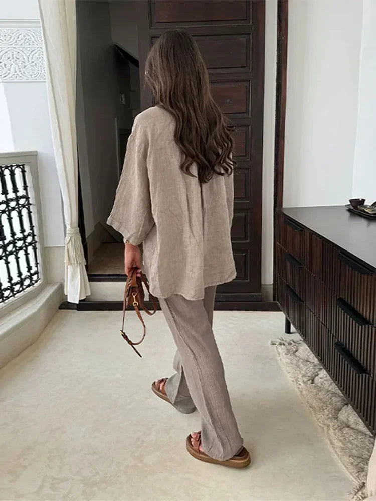 Causal Linen With Pocket Shirt Pants Suits Women Wide Leg Pants Long Sleeves Shirt Sets Ladies Loose High Street 2 Piece Outfits