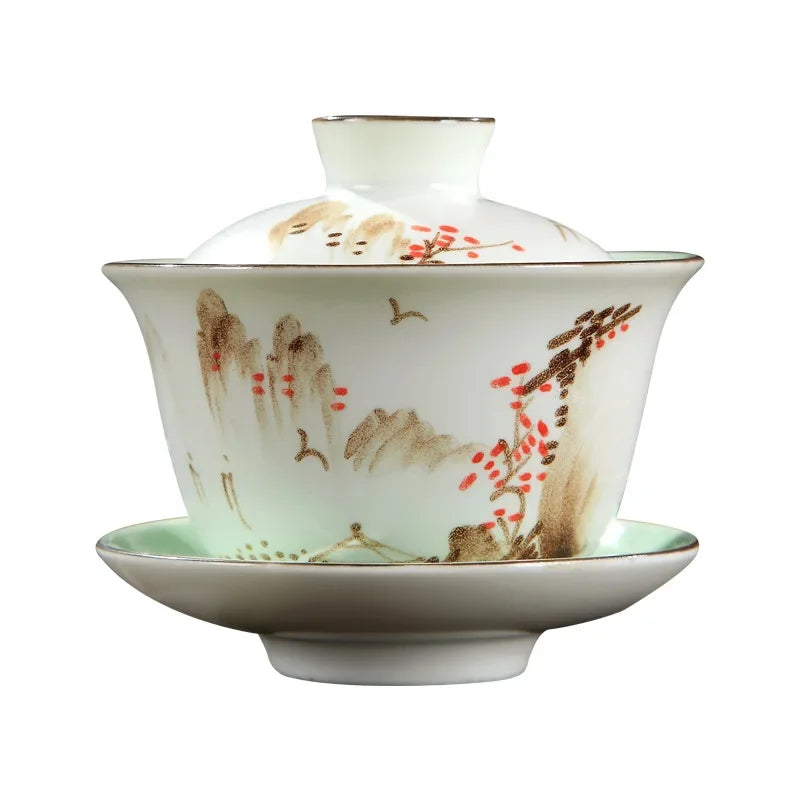 Cerámica elegante china Sancai Gaiwán Caza de té de porcelanas hechas a mano Copa de té Kung Fu Cazas de té té Treenen