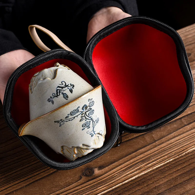 Juego de té de viaje de estilo japonés Cerámica de cerámica portátil portátil Juego de té de porcelana con cajas de transporte de tetera al aire libre Copa de téwares de té