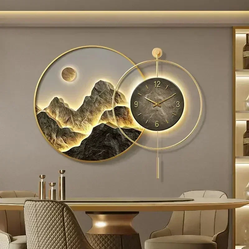 Pintura decorativa com relógio de volta, pintura pendurada, pintura de paisagem da sala de estar sofisticada, mural de luxo leve de luxo sofisticado