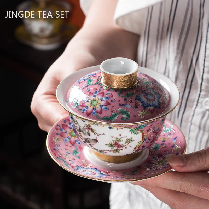 Jingdezhen Enamel Color Ceramic Gaiwan Chinese Tea Set Sancai Tea Bowl Portable with Cover Teacup Household Custom Teaware