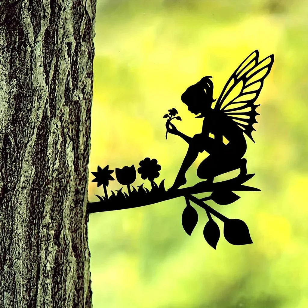 Metal Wall Art, Picking Flowers Fairy On Branch Steel Silhouette, Home Garden Yard Patio Outdoor Statue Stake Decoration Perfect
