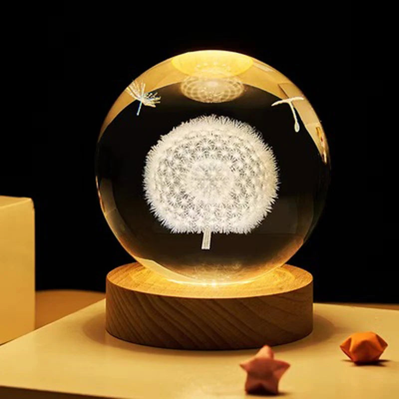 كرة بلورية ثلاثية الأبعاد من الهندباء محفورة بالليزر، ضوء ليلي ملون، هدية عيد ميلاد في العطلات ترسل للرجال والنساء والأصدقاء والزوجة والأطفال