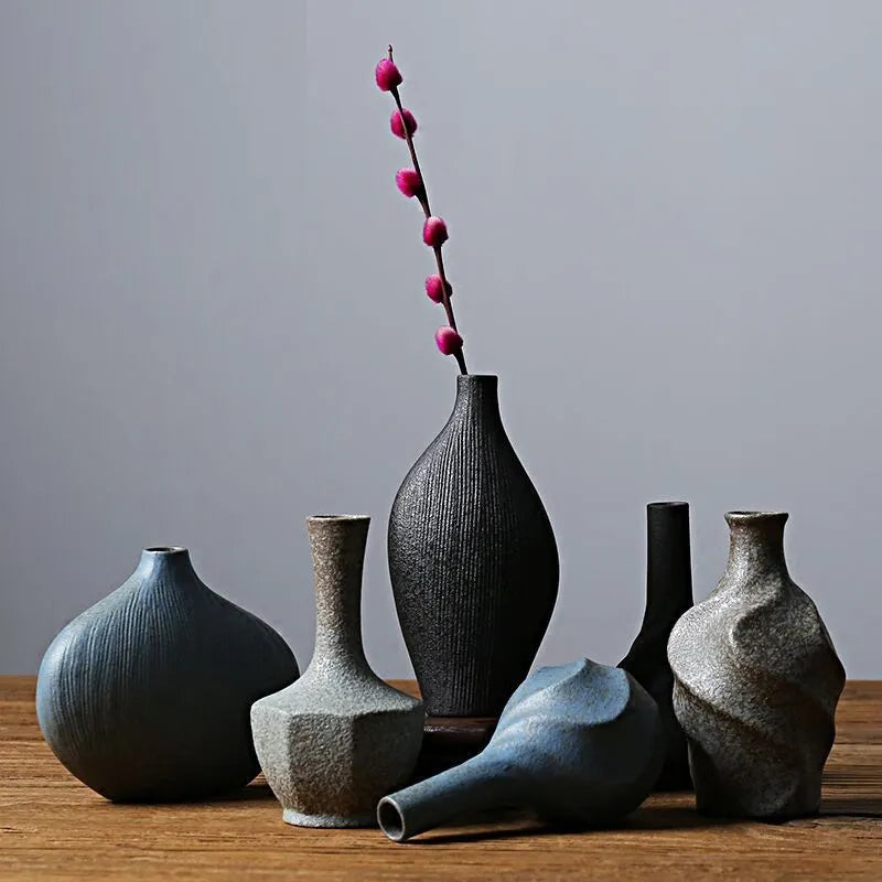 Black Ceramic Vase Set-3 Small Flower Vases for Decor,Modern Rustic Farmhouse Home Decor,Decorative Vase for Pampas Grass&Dried