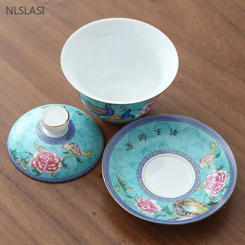 180ml Jingdezhen Ceramic Gaiwan Enamel Color with Cover Tea Cup Sancai Tea Bowl Chinese Porcelain Tea Set Household Tea Infuser