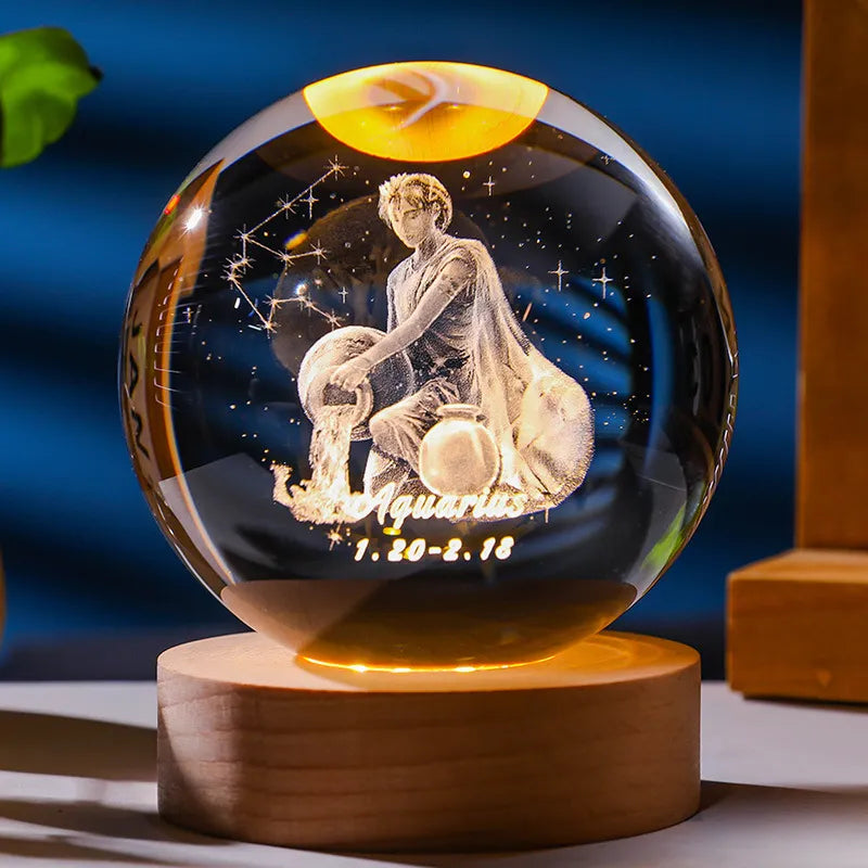 كوكبة كريستال ثلاثية الأبعاد ضوء ليلي منقوش بالليزر هدية عيد ميلاد كرة زجاجية لتزيين سطح المكتب المنزلي مع قاعدة USB خشبية