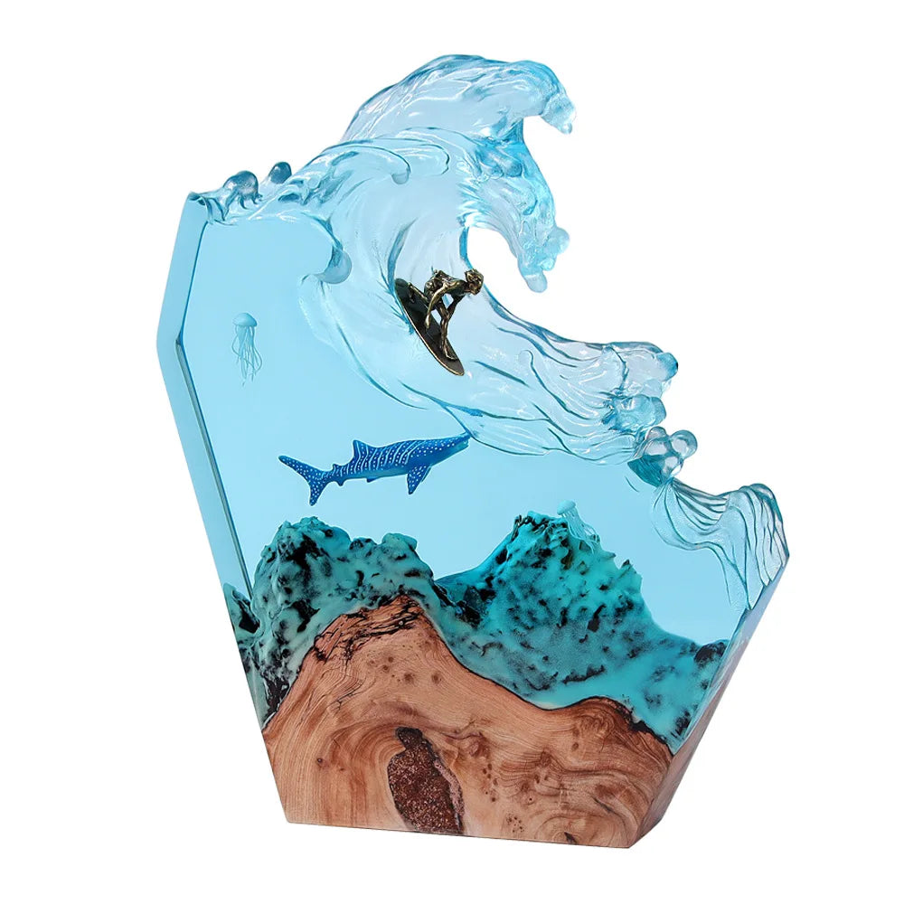Ocean Whale Surfing Desktop Ornament Creative Art Lamp Holder Solid Wood Harts Night Light Birthday Present