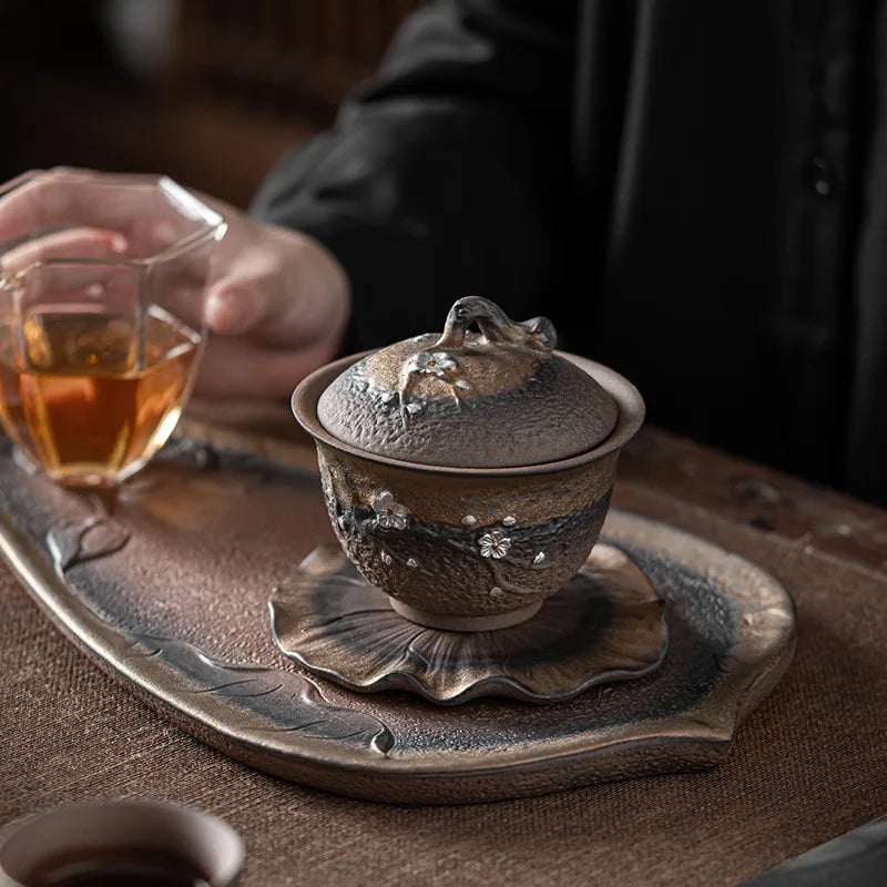 سلطانية شاي Sancai اليابانية بتصميم قديم وفخار خشن مصنوع يدويًا من Gaiwan طقم شاي وعاء شاي سيراميك