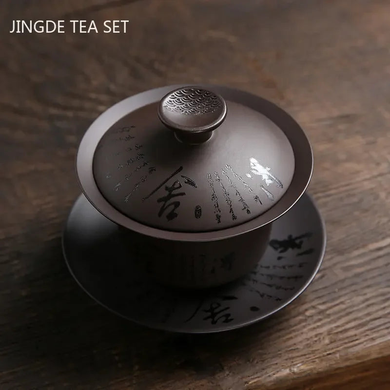 180ml Vintage fialová hlína Gaiwan Čínský ručně vyráběný šálku domácnosti Krása Tea Infuser Přizpůsobený přenosný čajový šálek s víkem