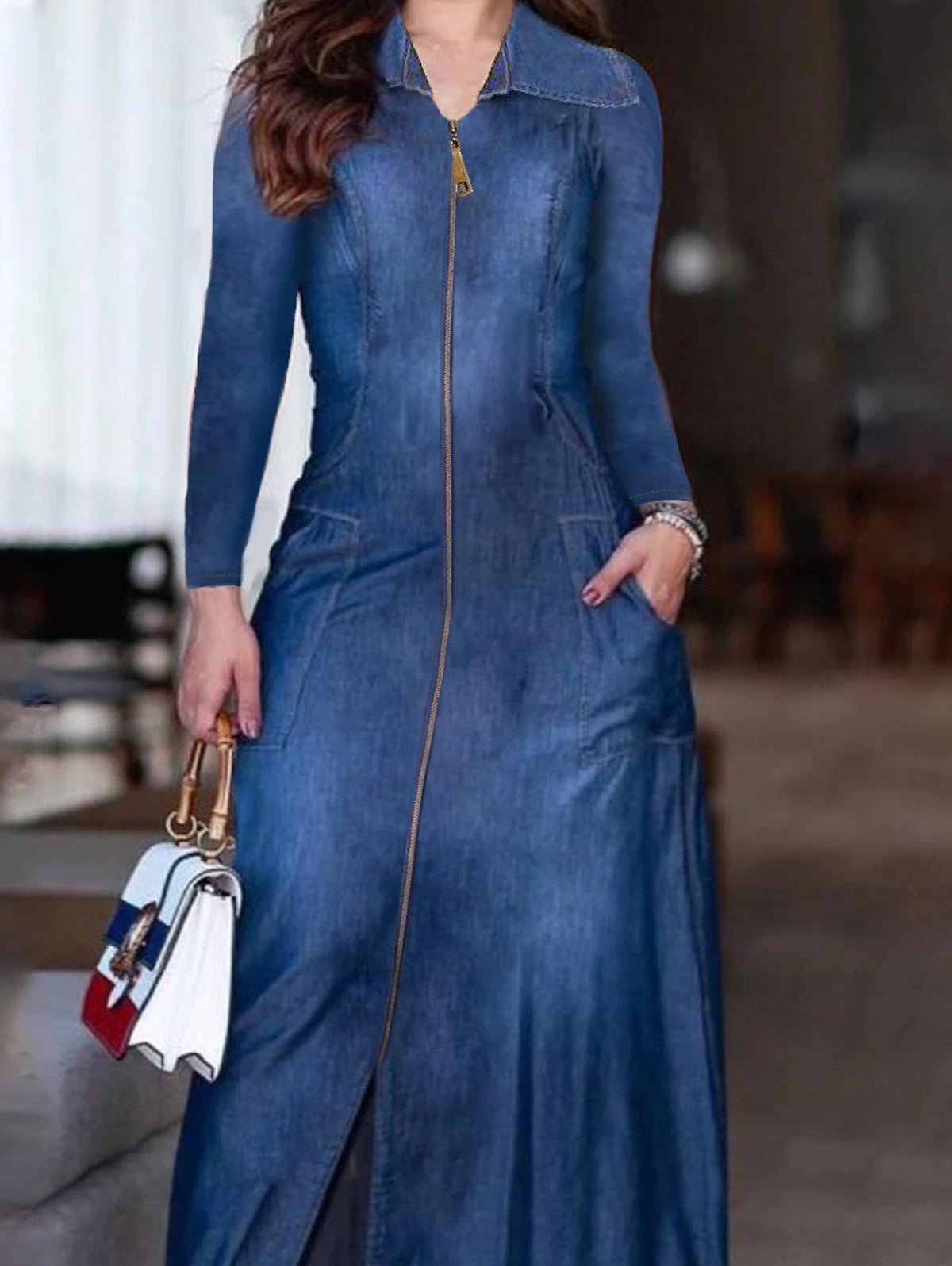 Dress for Women Autumn Korean Fashion Vintage Denim Dress A-line Long Sleeve Button Zipper Pocket Maxi Dress Lady Clothing
