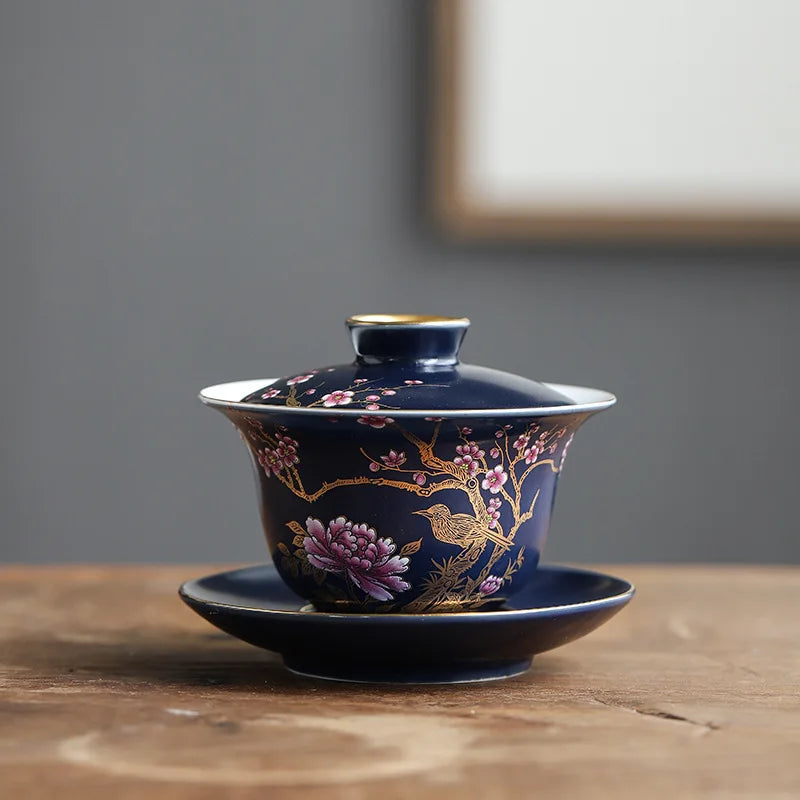 Conjunto de chá Gongfu Cerâmica San Cai Gai Wan China Copos de chá artesanais Gaiwan Tureen pintados à mão Bowls de chá