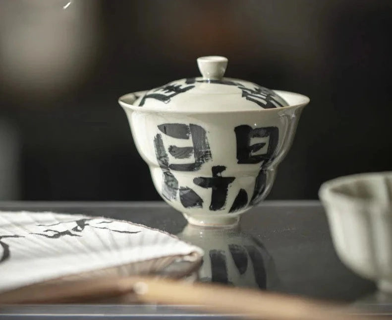 110ml Retro Bitki Gri Seramik Çay Tureen El Yazısı Kabak Kapak Kase Çay Kase Kapak Çay Makinesi Gaiwan Kung Fu Çay Seti