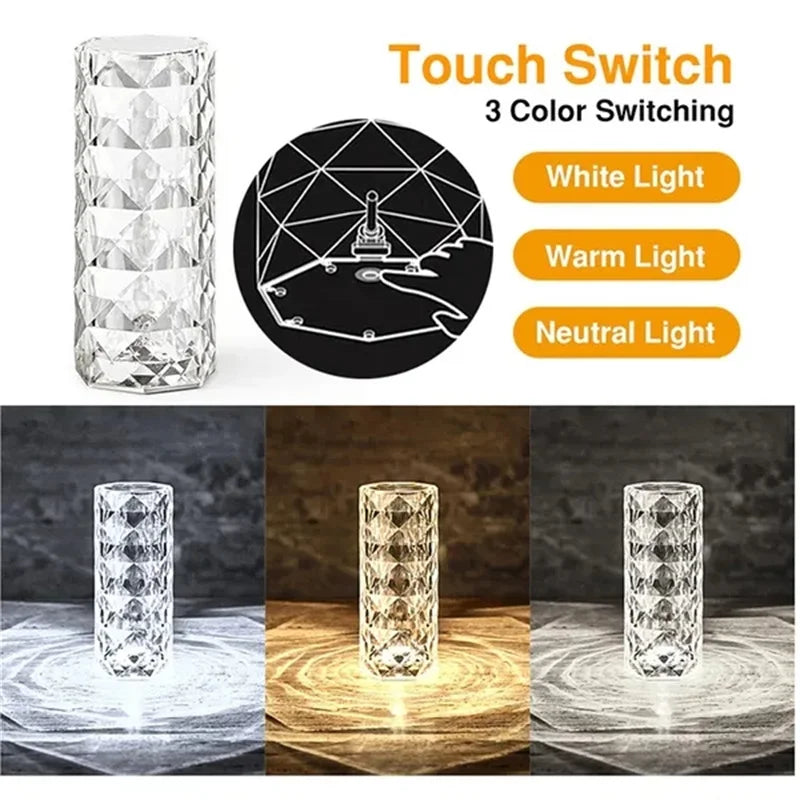 3/16 색상 크리스탈 로즈 테이블 램프 LED 장미 빛 장식 원격 제어 로맨틱 다이아몬드 분위기 라이트 USB 야간 조명