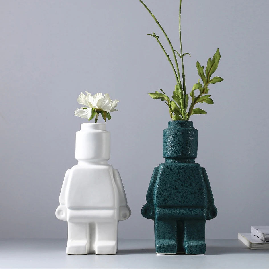대형 인공 꽃 꽃병, 홈룸 장식, 테이블 장식, 세라믹 장식품, 로봇 조각 인형, 유럽 현대 스타일