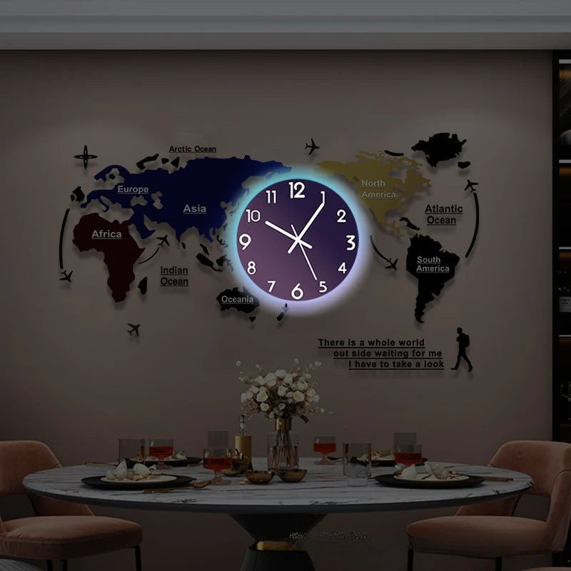LED Wall Clock Modern Design 3D Map Large DIY Wall Clocks Living Room Decoration Luminous WatchE Wall Art Reloj De Pared Hierro