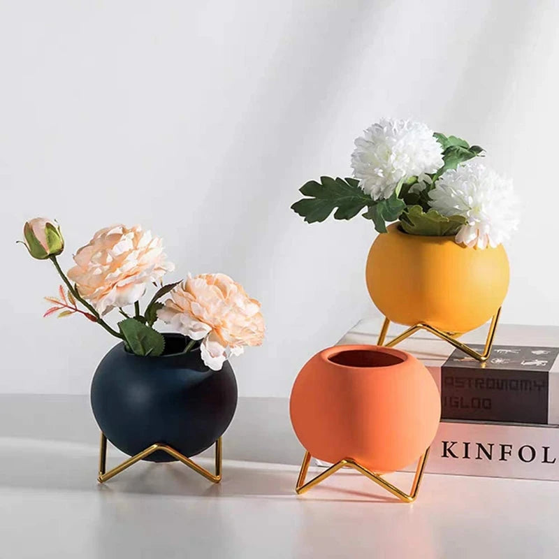 Set vas bunga kecil 3, vas keramik modern untuk dekorasi ruang tamu vas bundar oranye biru kuning untuk bunga palsu
