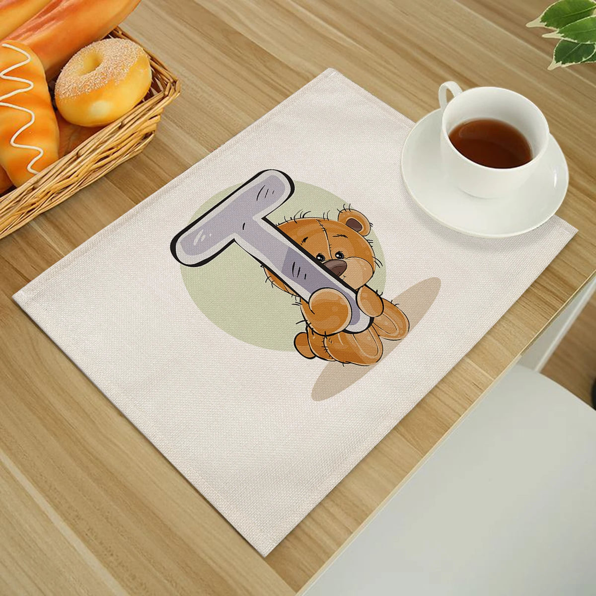 Kartun Lucu Animal Beruang Dapur Dapur untuk Anak-anak Anak Bahasa Inggris Alfabet A-Z Print Cotton Linen Meja Makan Coaster
