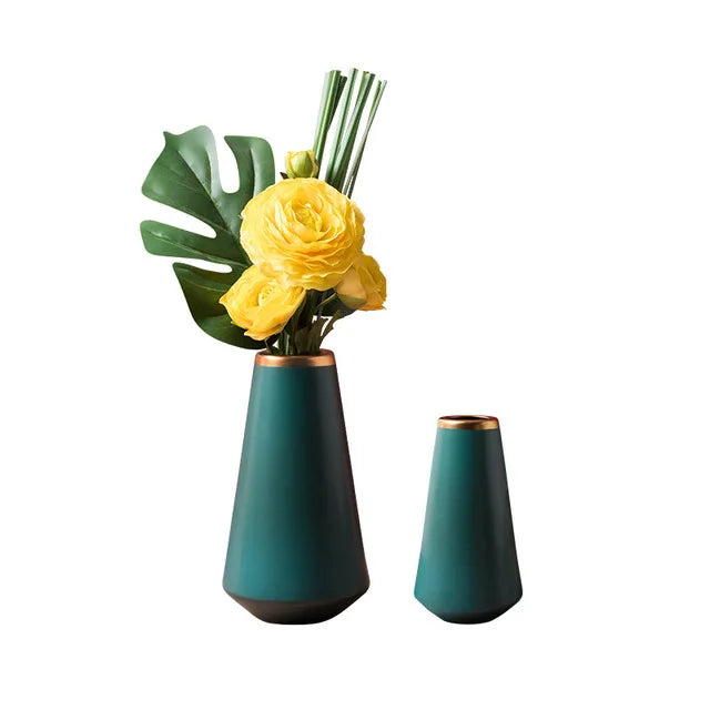 Moderne dunkelgrüne Gold Keramik Vase+Künstliche Blumen -Set Haus Esstisch Schmucktisch Craft Bookase Club Möbelendekoration