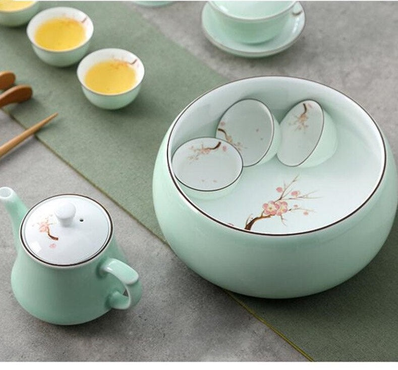 Conjunto de chá chinês de porcelana verde e branco
