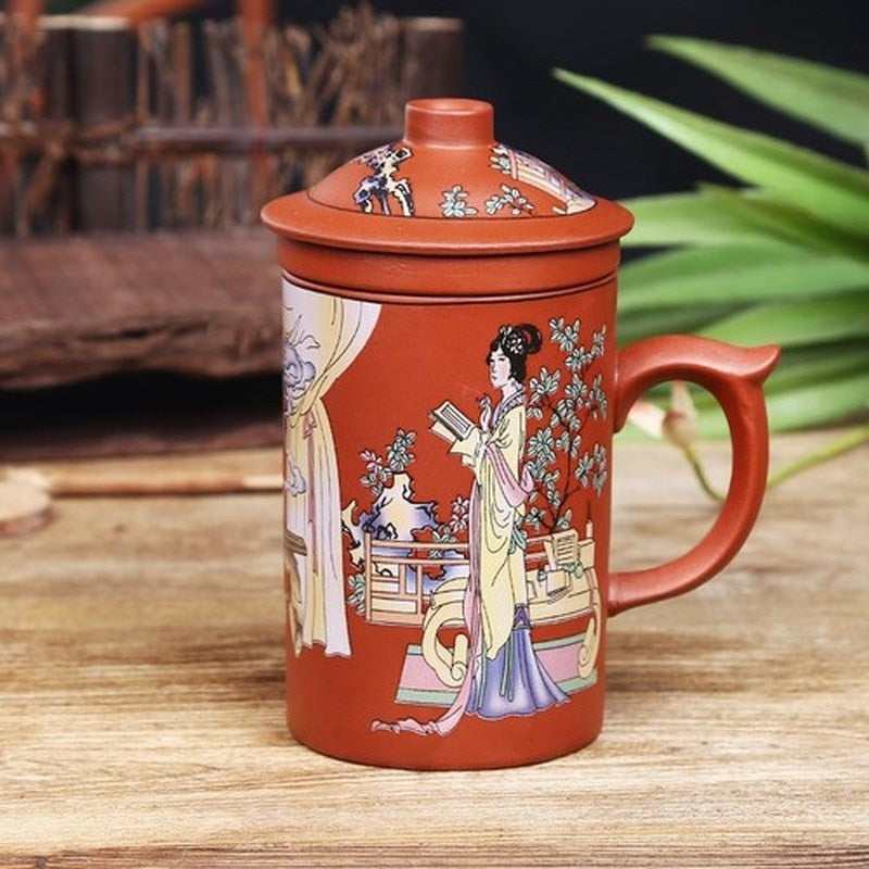 Taza de té de arcilla púrpura dragón chino tradicional con colador de tapa