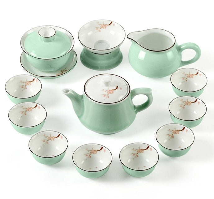 Green and White Porcelain Chinese Tea Set - Elegant and Stylish	