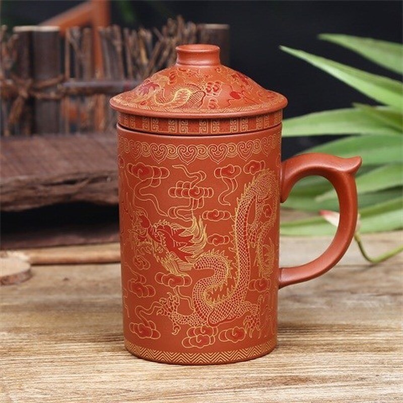 Traditional Chinese Dragon Purple Clay Tea Mug with Lid Strainer